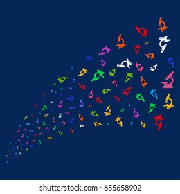 Source stream of microscope icons. Vector illustration style is flat bright multicolored microscope iconic symbols on a blue background. Object fountain done from random icons.