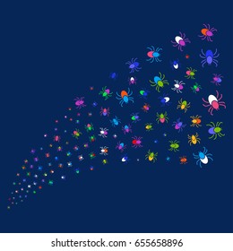 Source stream of mite symbols. Vector illustration style is flat bright multicolored mite iconic symbols on a blue background. Object stream created from confetti pictographs.