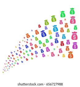 Source stream of money bag symbols. Vector illustration style is flat bright multicolored iconic money bag symbols on a white background. Object fountain constructed from icons.