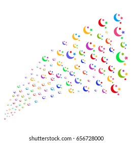 Source stream of moon stars symbols. Vector illustration style is flat bright multicolored iconic moon stars symbols on a white background. Object fountain constructed from pictographs.