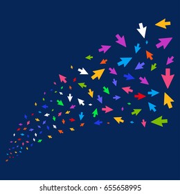 Source stream of mouse cursor symbols. Vector illustration style is flat bright multicolored mouse cursor iconic symbols on a blue background. Object source constructed from scattered icons.