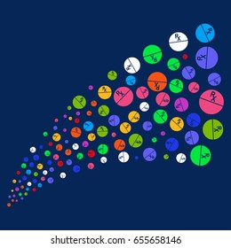Source stream of pharmacy tablet icons. Vector illustration style is flat bright multicolored pharmacy tablet iconic symbols on a blue background. Object salute done from random pictograms.