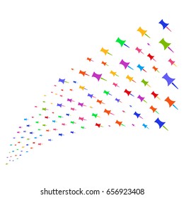 Source stream of pin symbols. Vector illustration style is flat bright multicolored iconic pin symbols on a white background. Object fountain done from design elements.