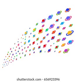 Source stream of planet saturn symbols. Vector illustration style is flat bright multicolored iconic planet saturn symbols on a white background. Object fountain done from symbols.