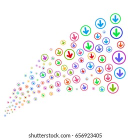 Source stream of rounded arrow icons. Vector illustration style is flat bright multicolored iconic rounded arrow symbols on a white background. Object fountain combined from pictographs.