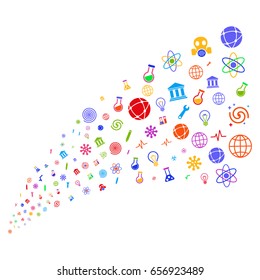 Source stream of science symbols icons. Vector illustration style is flat bright multicolored iconic science symbols on a white background. Object fountain created from icons.