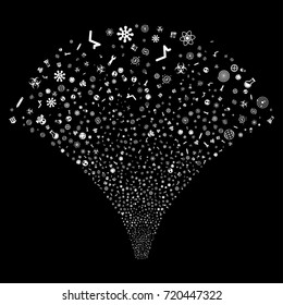 Source stream of science symbols icons. Vector illustration style is flat white iconic symbols on a black background. Object salute organized from confetti symbols.