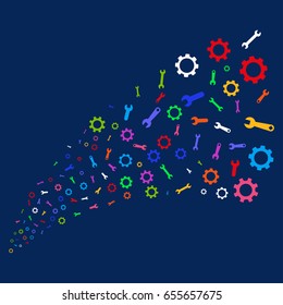 Source stream of setup tools icons. Vector illustration style is flat bright multicolored setup tools iconic symbols on a blue background. Object salute organized from scattered pictographs.