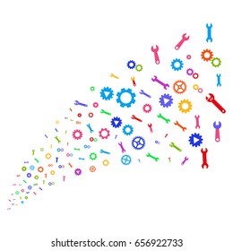 Source stream of setup tools icons. Vector illustration style is flat bright multicolored iconic setup tools symbols on a white background. Object fountain constructed from design elements.