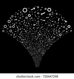 Source stream of setup tools symbols. Vector illustration style is flat white iconic symbols on a black background. Object source organized from confetti pictograms.