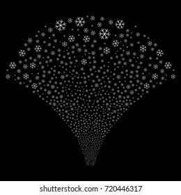 Source stream of snowflake icons. Vector illustration style is flat white iconic symbols on a black background. Object stream combined from random icons.