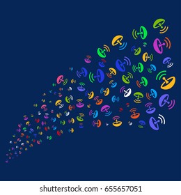 Source stream of space antenna icons. Vector illustration style is flat bright multicolored space antenna iconic symbols on a blue background. Object source made from random pictograms.