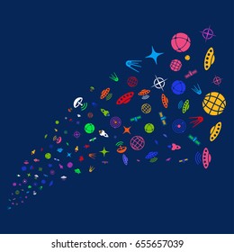 Source stream of space technology symbols icons. Vector illustration style is flat bright multicolored space technology symbols iconic symbols on a blue background.