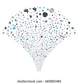 Source stream of space technology symbols icons. Vector illustration style is flat blue and gray iconic symbols on a white background. Object source created from scattered icons.