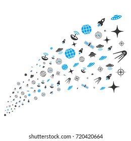 Source stream of space technology symbols. Vector illustration style is flat blue and gray iconic space technology symbols on a white background. Object fountain organized from pictograms.
