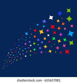 Source stream of sparcle star icons. Vector illustration style is flat bright multicolored sparcle star iconic symbols on a blue background. Object fountain created from random symbols.