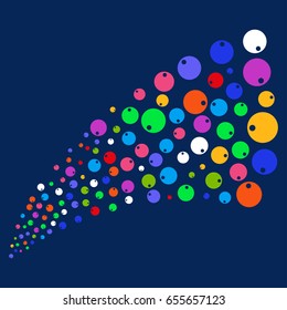 Source stream of sphere icons. Vector illustration style is flat bright multicolored sphere iconic symbols on a blue background. Object fountain constructed from confetti icons.