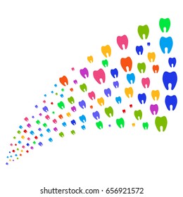 Source stream of tooth symbols. Vector illustration style is flat bright multicolored iconic tooth symbols on a white background. Object fountain created from design elements.
