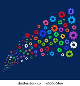 Source stream of turbine symbols. Vector illustration style is flat bright multicolored turbine iconic symbols on a blue background. Object fountain made from scattered icons.