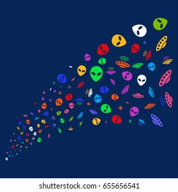 Source stream of ufo symbols. Vector illustration style is flat bright multicolored ufo symbols iconic symbols on a blue background. Object source done from scattered symbols.