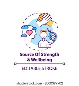 Source of strength and wellbeing concept icon. Mental health care, psychotherapy. Religious value idea thin line illustration. Vector isolated outline RGB color drawing. Editable stroke