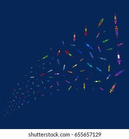 Source of syringe symbols. Vector illustration style is flat bright multicolored syringe iconic symbols on a blue background. Object source organized from random pictograms.