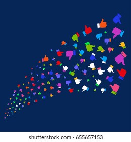 Source of thumb up symbols. Vector illustration style is flat bright multicolored thumb up iconic symbols on a blue background. Object source combined from scattered design elements.