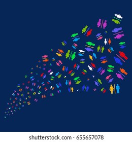 Source of toilet icons. Vector illustration style is flat bright multicolored toilet iconic symbols on a blue background. Object salute constructed from scattered symbols.