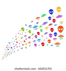 Source of ufo symbols icons. Vector illustration style is flat bright multicolored iconic ufo symbols on a white background. Object fountain combined from icons.