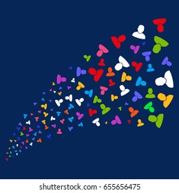 Source of user symbols. Vector illustration style is flat bright multicolored user iconic symbols on a blue background. Object source done from random pictograms.