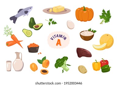 Fuente de vitamina A. Colección de verduras, frutas y hierbas. Comida dietética. Estilo de vida saludable. La composición de los productos. Ilustración del vector