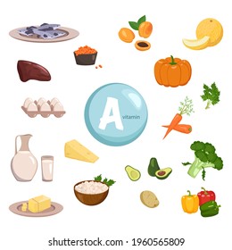 Fuente de vitamina A. Colección de verduras, frutas y hierbas. Comida dietética. Estilo de vida saludable. La composición de los productos. Ilustración del vector