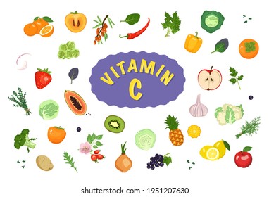 Source Of Vitamin C. Icons Of Vegetables, Fruits And Herbs. Set Of Vegetarian Food Items. Healthy Lifestyle. Vector Illustration