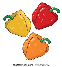 Fuente de vitamina C. Vector ilustrado. Caricatura. Un conjunto de pimientos coloridos. Paprika colorida. Colección.