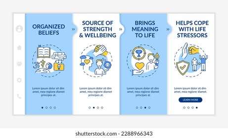 Source of wellness in religion onboarding vector template. Organized beliefs. Brings meaning to life. Responsive mobile website with icons. Webpage walkthrough step screens. RGB color concept