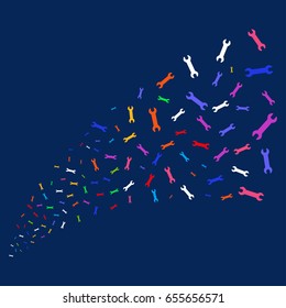 Source of wrench icons. Vector illustration style is flat bright multicolored wrench iconic symbols on a blue background. Object source organized from random icons.