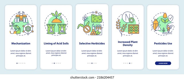 Sources of agricultural productivity onboarding mobile app screen. Walkthrough 5 steps editable graphic instructions with linear concepts. UI, UX, GUI template. Myriad Pro-Bold, Regular fonts used
