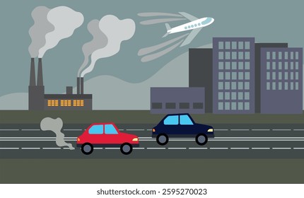 Sources of air pollution caused by human activities: vehicular pollution by car and airplane, industrial emissions by factory. Environmental challenges and carbon emissions against a grey cityscape