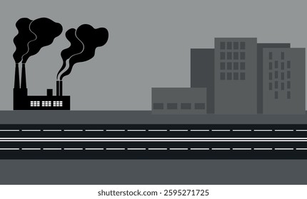 Sources of air pollution caused by human activities: vehicular pollution by car and airplane, industrial emissions by factory. Environmental challenges and carbon emissions against a grey cityscape