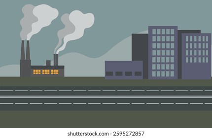 Sources of air pollution caused by human activities: vehicular pollution by car and airplane, industrial emissions by factory. Environmental challenges and carbon emissions against a grey cityscape