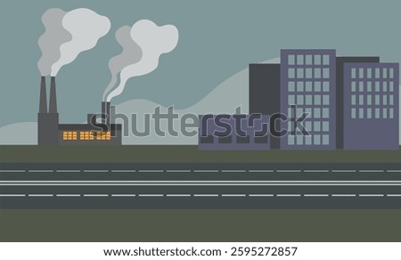 Sources of air pollution caused by human activities: vehicular pollution by car and airplane, industrial emissions by factory. Environmental challenges and carbon emissions against a grey cityscape