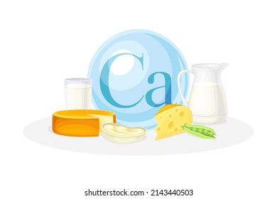 Sources of Calcium mineral. Cheese, milk, peas healthy nutrition food. Mineral vitamin supplement vector illustration