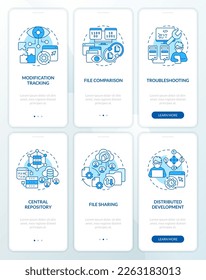 Sources control benefits blue onboarding mobile app screens set. Walkthrough 3 steps editable graphic instructions with linear concepts. UI, UX, GUI template. Myriad Pro-Bold, Regular fonts used