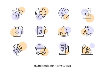 Sources of electric energy set icon. Atomic, nuclear, lightning, hydrogen, green, water drop, electrical plug with leaves, wind farm, power plant, solid fuel, crane. Ecology concept. Vector line icon.