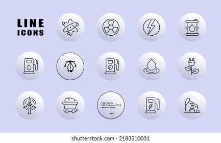 Sources Of Electrical Energy Set Icon. Technology, Electricity, Atom, Nuclear, Water Drop, Leaf, Plant, Green, Wind Farm, Trolley With Coal. Ecology Concept. Neomorphism. Vector Line Icon For Business