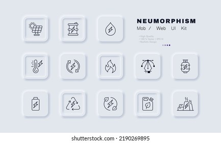 Sources of electrical energy set icon. Solar battery, fuel, hydroelectric power station, lightning, temperature, arrows, fire, batterya, eco, green. Technology concept. Neomorphism. Vector line icon.