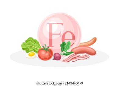 Sources of Fe mineral. Broccoli, egg, tomato, egg, radish healthy nutrition food. Mineral vitamin supplement vector illustration