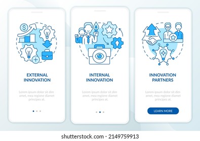 Fuentes de la pantalla azul de la aplicación móvil de generación de ideas. Recorrido 3 pasos páginas de instrucciones gráficas con conceptos lineales. UI, UX, plantilla GUI. Multitud de tipos de letra Pro-Bold, con uso regular