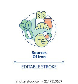 Sources of iron concept icon. Green vegetables and bread. Source of nutrients abstract idea thin line illustration. Isolated outline drawing. Editable stroke. Arial, Myriad Pro-Bold fonts used