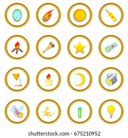 Sources of light icons circle gold in cartoon style isolate on white background vector illustration